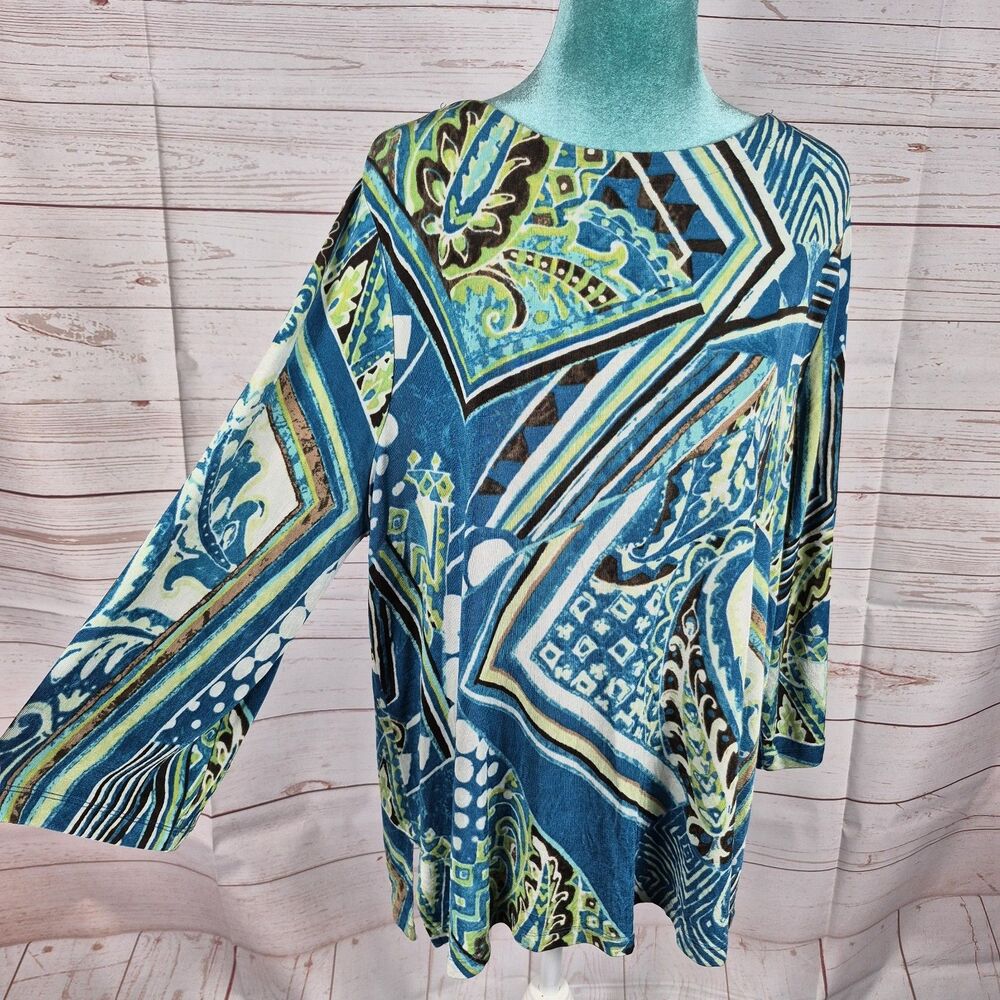 Chico's Travelers 3 Sz XL/16 Tunic Top Blue Brown Abstract Artsy Paisley Office